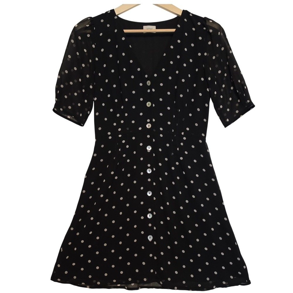 Wilfred Polka Dot Button Front V-Neck Mini Dress Black White Size 4